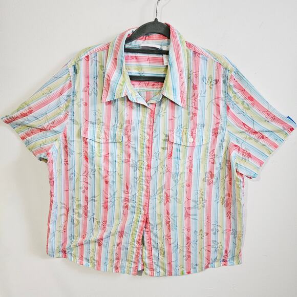 Alfred Dunner Womens Size 16 Button Front Blouse Multicolor Summer Stripe Floral - Picture 1 of 6